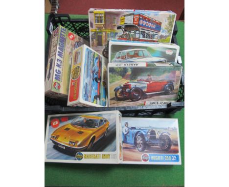 Seven Airfix 1:32nd Scale Plastic Model Vehicle Kits, to include Morris Marina TC, Maserati Indy 1910 B Type Bus, Porsche 917