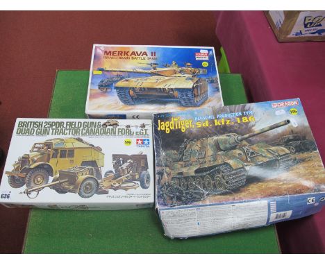 Three Plastic Model Kits, comprising of Tamiya No 44 1:35 British 25 PDR Field Gun and Quad Gun Tractor, Dragon #6050 1:35 Ja