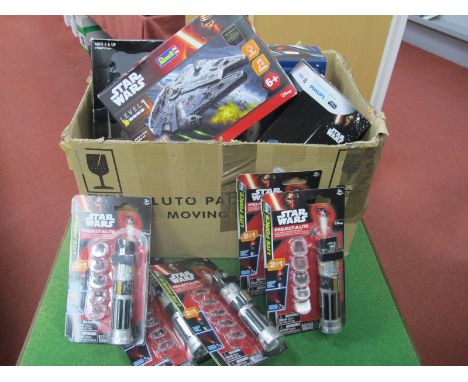 Boxed Chewbacca, Angry Birds Star Wars Game and lamp shade, seven bubble packed Projectalite, box Millennium Falcon.
