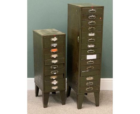 VINTAGE METAL FILING CABINETS (2), multi-drawers, the tallest 121cms H, 28cms W, 41cms D and 89cms H, 28cms W, 41cms D