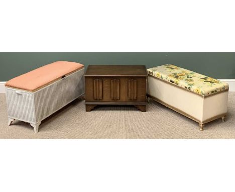 VINTAGE POLISHED OAK BLANKET BOX, having carved linenfold detail, 46cms H, 73cms W, 41cms D and two loom type ottomans, 47cms