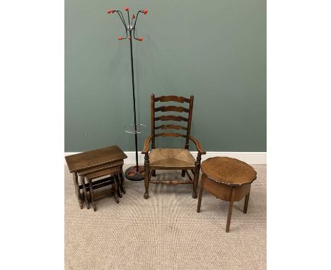 VINTAGE FURNITURE ASSORTMENT (4) - a retro metal coat stand, 170cms H, a rush seated ladderback elbow chair, 94cms H, 57cms W