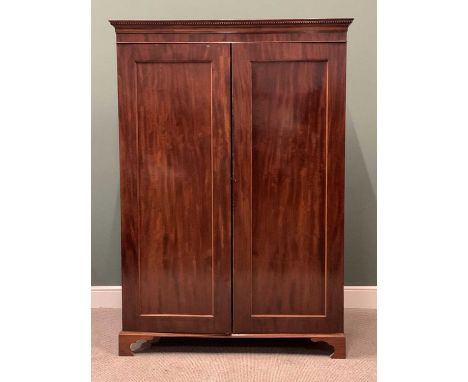 VICTORIAN MAHOGANY TWO DOOR WARDROBE - with dentil moulding cornice on shaped bracket supports and a fine fitted interior hav