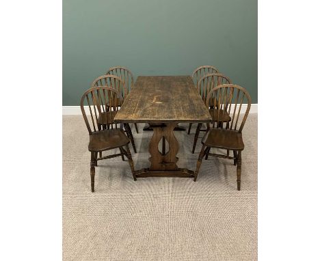 VINTAGE OAK REFECTORY TYPE TABLE - 75cms H, 153cms W, 175cms D and a set of six hooped and spindle backed chairs