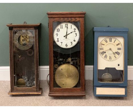 CLOCKS (3) - a vintage time recorder and two pendulum wall clocks, 83cms H the tallest