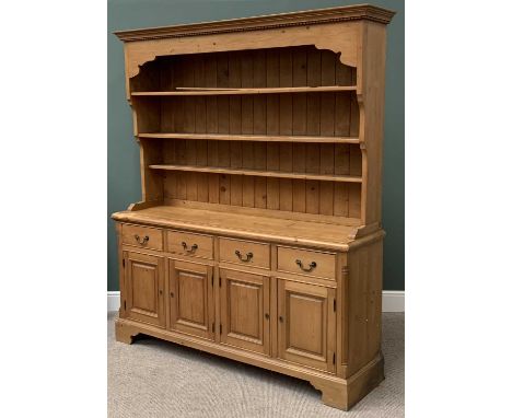 ANTIQUE STYLE PINE DRESSER - a substantial farmhouse type with four drawers over four cupboard doors and an upper three shelf