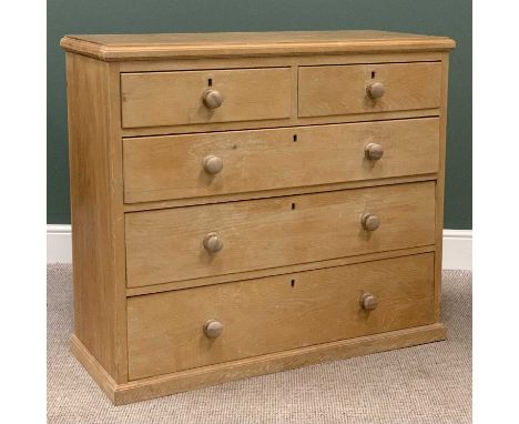 VINTAGE PINE CHEST of two short over three long drawers with turned wooden knobs, 113cms H, 118cms W, 47cms D