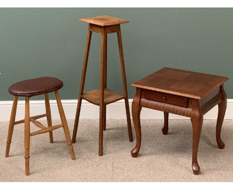 FURNITURE ASSORTMENT (3) - square top oak planter stand, rexine seated rustic stool and a reproduction square top table with 