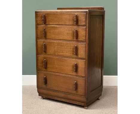 VINTAGE OAK NARROW CHEST OF FIVE DRAWERS, 126cms H, 76cms W, 50cms D