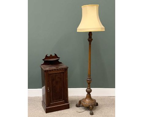 ANTIQUE WALNUT STANDARD LAMP on a tripod base with turned support, 178cms H and a Victorian mahogany bedside cabinet, 97cms H