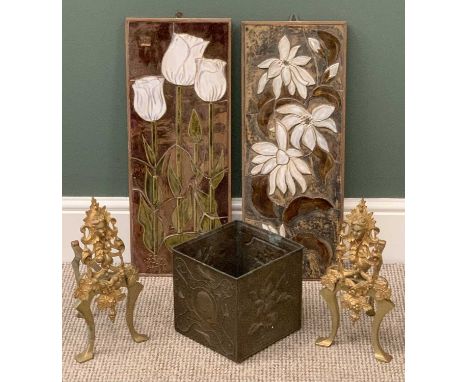 PAIR OF BRASS ORNATE FIRESIDE DOGS, a square brass planter, a pair of floral decorated ceramic plaques, 63cms H, 24cms W