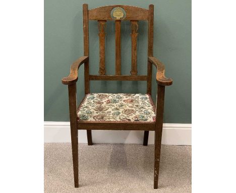 BARDIC ELBOW CHAIR - vintage oak Arts &amp; Crafts style, dated for 1918 and with plaque "Llyn y Pasc"?, 105cms H, 62cms W, 4