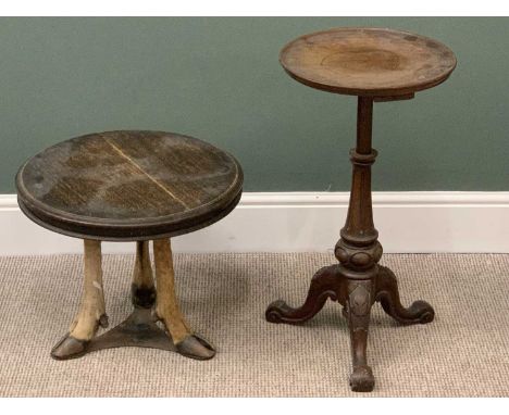 OCCASIONAL TABLES (2) - one circular topped vintage oak with hoof supports, 43cms H, 51cms diameter, the other a tripod wine 