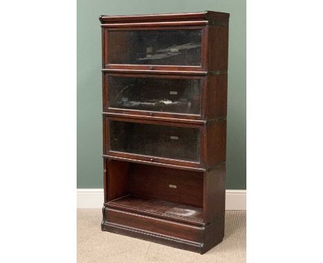 GLOBE WERNICKE four section bookcase with top cover and base, glass fronted, 157cms H, 87cms W, 31cms D