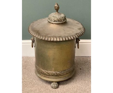 VICTORIAN BRASS LOG/COAL BUCKET - on three paw feet and lion ring handles, 65cme H, 45cms diameter