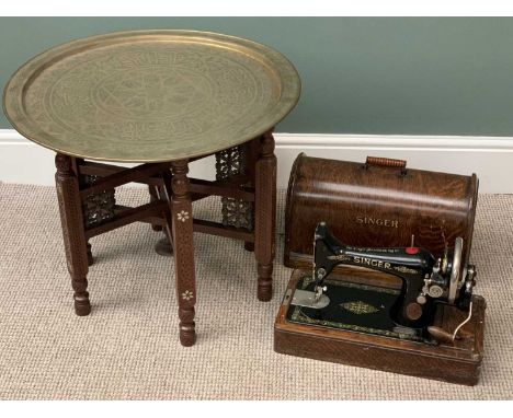 VINTAGE ASSORTMENT - cased Singer sewing machine and a Benares brass topped folding table, 52cms H, 62cms diameter