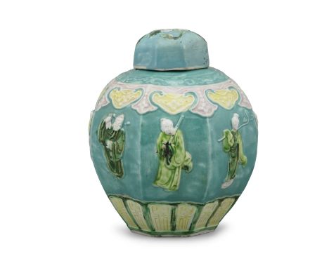A FAMILLE ROSE BISCUIT PORCELAIN ‘EIGHT DAOIST IMMORTALS’ FACETED GINGER JAR  APOCRYPHAL MARK OF EMPEROR YONGZHENG CHINA, LAT