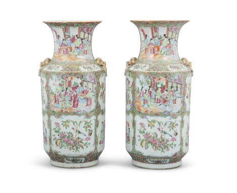 A PAIR OF CANTON PORCELAIN PHOENIX-TAIL VASES, FENGWEIZUN CHINA, LATE QING DYNASTY, LATE 19TH CENTURY, KANGXI STYLE Resting o