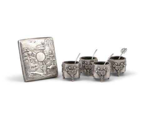 A GROUP OF FOUR (4) CHINESE EXPORT SILVER ‘PLUM FLOWERS’ SALT CELLARS TOGETHER WITH ONE (1) POWDER BOX  CHINA, LATE QING DYNA