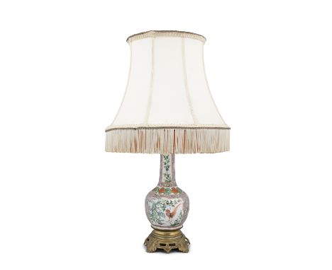 A FAMILLE ROSE ‘PHEASANTS’ CANTON PORCELAIN BOTTLE VASE CHINA, LATE QING DYNASTY, LATE 19TH CENTURY Mounted as a lamp in Euro