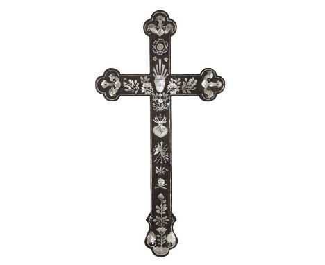 § A MOTHER OF PEARL INLAYS ‘ARMA CHRISTI’ WOODEN APOSTLE CROSS POSSIBLY MACAO, CHINA, LATE QING DYNASTY, CIRCA 1880-1900 Fine