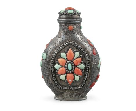 $A MONGOLIAN SILVER SNUFF BOTTLE WITH MATCHING STOPPER  China, Qing Dynasty, 19th century  Adorned with turquoise and coral c