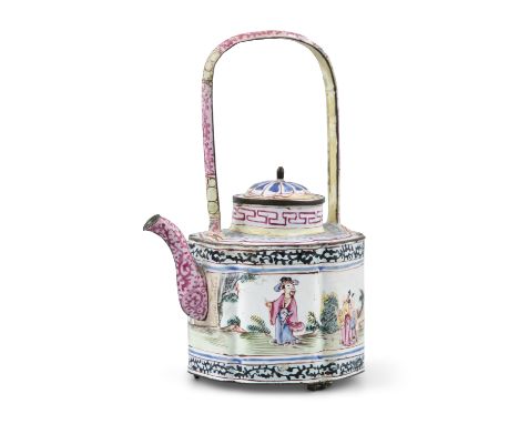 *A CANTON ENAMEL ON COPPER TEAPOT AND COVER CHINA, LATE QING DYNASTY, LATE 19TH CENTURY Of plum pentafoil shape, with a curve