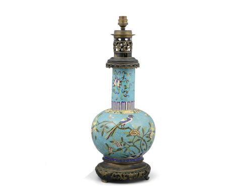 A ‘BIRD OF PARADISE’ CLOISONNE IMITATION CERAMIC BOTTLE VASE, TIANQIUPING POSSIBLY EUROPE IN THE CHINESE STYLE, 20TH CENTURY 