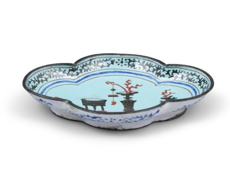 A FINE ENAMEL ON COPPER ‘AUSPICIOUS VESSELS’ QUATREFOIL DISH OR RAVIER CHINA, QING DYNASTY The inner part is all covered with