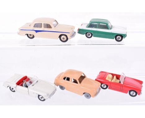 Five Dinky Toys Cars, 112 Austin Healey Sprite, red body, 113 MGB, off white body, with driver,  160 Austin A30, tan body, gr