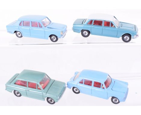 Four Dinky Toys British Cars,135 Triumph  2000, metallic turquoise body, white roof, red interior, with luggage in boot, 138 