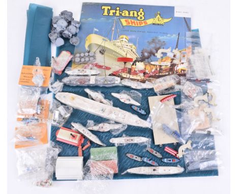 Quantity of Unboxed  Triang Minic Ships and Harbour Parts including: M857 2 x plastic sea, M858 plastic sea, 2 x M861 life bo
