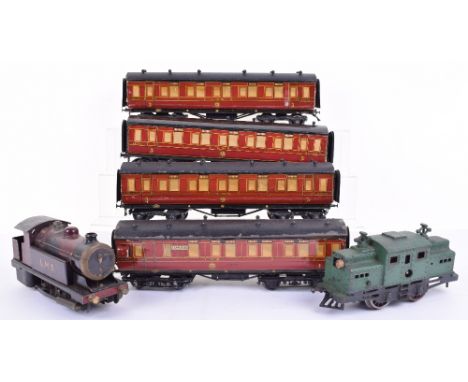 Bowman 0-4-0 tank engine and Stedman & Co passenger coaches, LMS live steam locomotive, fair condition, some burning to sides