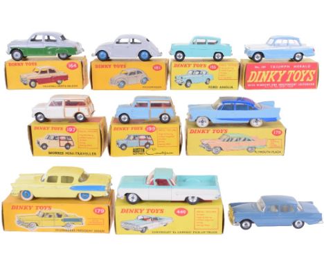 Dinky ten boxed cars, 164 Vauxhall Cresta Saloon, green and grey, 181 VW light grey, blue hubs, 155 Ford Anglia, turquoise, 1