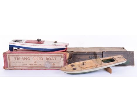 Tri-ang K Speed Boat Clockwork No.O, circa 1935, blue/white wooden constructed boat, with working clockwork motor, in good us