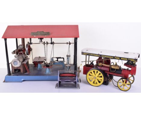 Wilesco live steam Workshop and Showmans Engine, workshop with red pitched roof, boiler with single cylinder, pressure gauge,