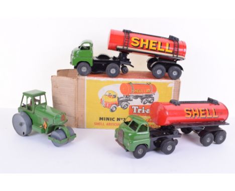 Minic No.3 Push and Go Petrol Tankers and Road Roller, boxed steel constructed BP/Shell articulated tanker with hose and drai