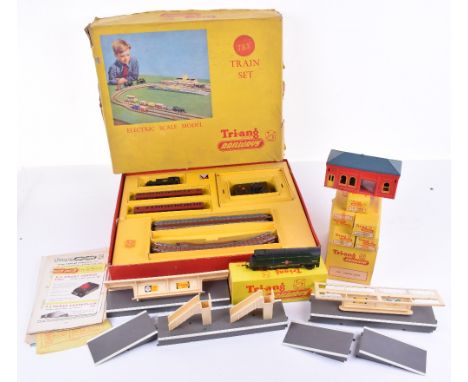 Tri-ang TT gauge trains and rolling stock, tank engine passenger train set, good condition, box poor, lid torn, Merchant Navy