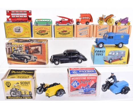 Morestone Series boxed RAC and AA Motorcycle and Sidecar and other Diecast, RAC with rider and hinged lid to side car, good c