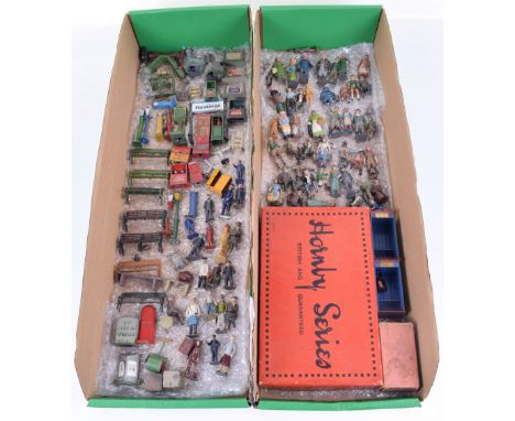 Hornby 0 gauge Railway Accessories set No.4 and selection of lead figures and accessories, No.4 set with four luggage trunks,