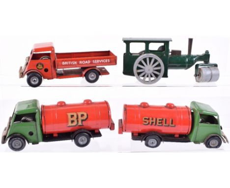Minic three forward control trucks and a Steam Roller, two 15M Petrol tankers both green cabs, red tankers, Shell, and BP, bo