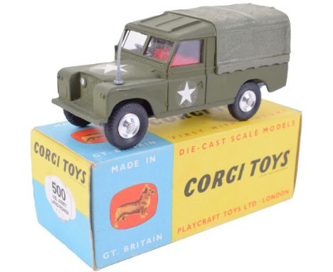 Scarce Corgi Toys 500 U.S. Army Land-Rover Weapons Carrier, military green body/plastic rear  tilt,red  interior, white star 