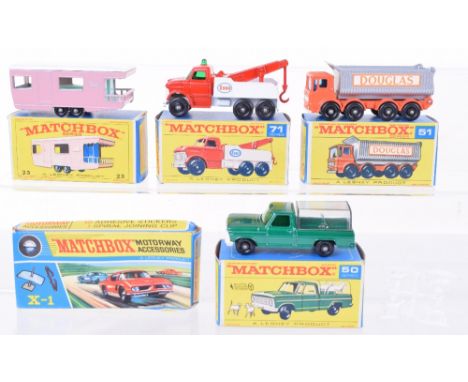 Four Boxed Matchbox Regular Wheel Models, 23d Trailer Caravan, pink body, white roof, black plastic wheels, in E type box, 50
