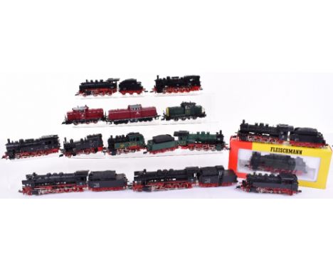 Fleischmann fourteen HO gauge locomotives, boxed 4823 0-10-0 tank locomotive, green livery, unboxed 0-8-0 and tender, green l