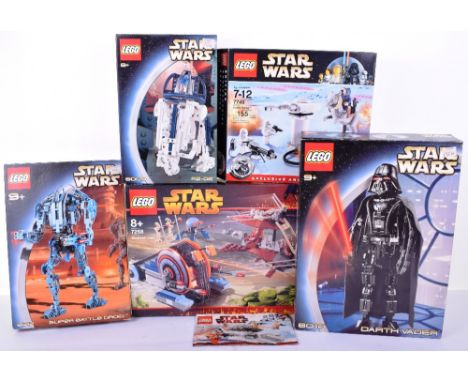 Five  Boxed Lego Star Wars Sets including : 7258 Wookie Attack (missing instruction manual) 7749 Echo Base, 8009 R2-D2,  8010