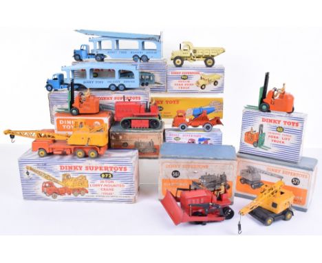 Dinky boxed Pullmore car transporters and Construction vehicles, two 982 Pullmore car transporters, good to fair condition, b