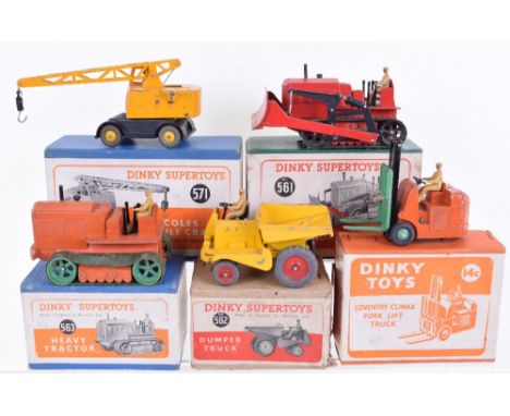 Five  Boxed Dinky Toys, 14c Coventry Climax Fork Lift Truck, orange/green, in orange box, 561 Blaw Knox Bulldozer, red body, 