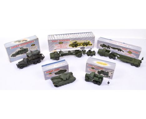 Five Dinky Toys Military Models in Original Boxes, Tank Transporter no.660, Brockway Military truck no.884, Missile Erector V