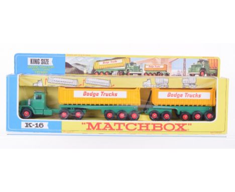 Matchbox Kingsize K-16 Dodge Tractor With Twin Tippers, green cab, yellow tippers, ‘Dodge Trucks’ red plastic wheel hubs, in 