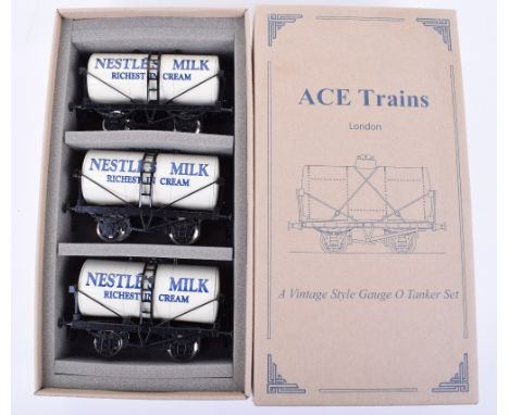 Ace Trains London 0 gauge  Nestles  Milk Tanker Set B, three vintage style tinplate tank wagons in mint boxed condition.